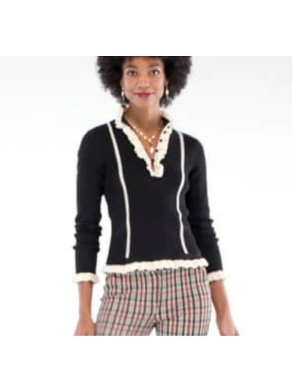 Cabi #4103 adorn pullover sweater black & white ruffle trim size Small
